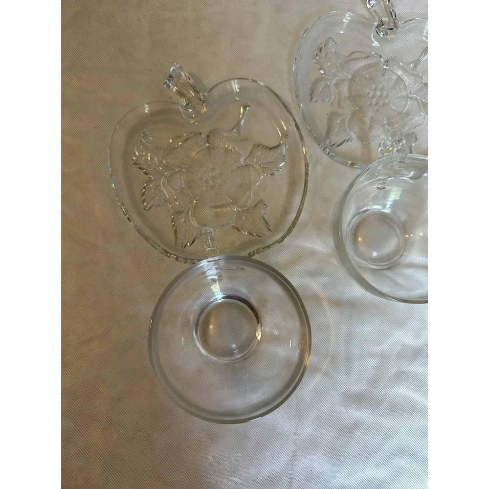 Clear Glass Apple-Shaped Floral Plates and Bowls 5 Piezas Pressed Set